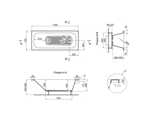 Lidz Ванна акриловая  Latwa 170 170x70 с ножками Nozki R