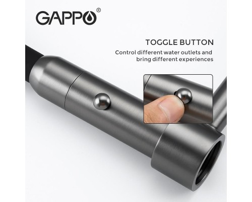 Змішувач для кухні Gappo G4398-51 одноваж. вис. силік. вилив аератор 2 режими нерж.сталь гайка Ø35 (чорний/сталь)