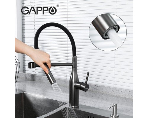 Змішувач для кухні Gappo G4398-51 одноваж. вис. силік. вилив аератор 2 режими нерж.сталь гайка Ø35 (чорний/сталь)