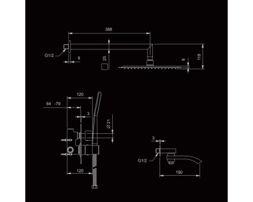Душова система Gappo G7107-40 термостат вбуд. 3х функц. одноваж. лат. (хром)