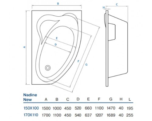 Ванна Nadine NEW 170*110 R + ніжки + сифон + панель