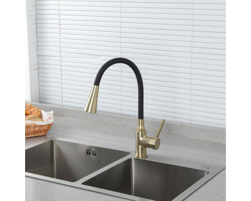Змішувач для кухні Frap F4044-3 з гнучким виливом, 2 режими, чорний/золото