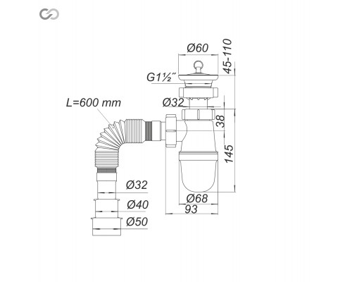 SOLOPLAST Т0215 Сифон для раковини розбірна горловина 11/2 з гофрою д,50