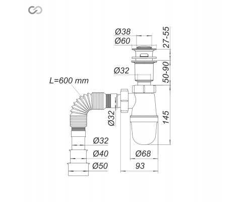 SOLOPLAST Т0515 Сифон для раковини МІНІ Click-Clack з гофрою 32/40/50