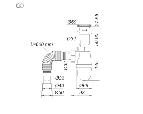 SOLOPLAST Т0516 Сифон для раковини  Click-Clack з гофрою 32/40/50