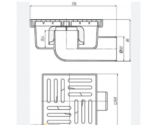 Трап KRONO PLAST (TA5110) горизонтальний,  випуск 50 мм, з НЕРЖ. решіткою 150х150