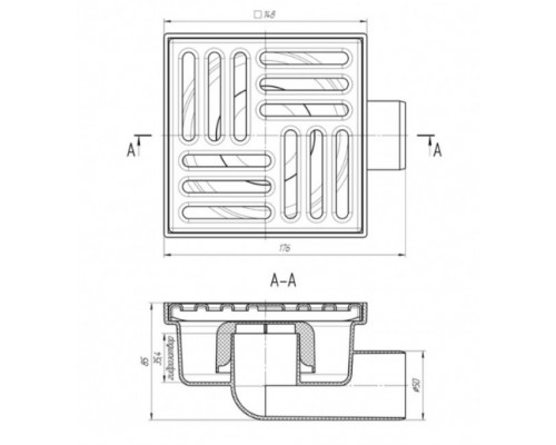 Трап KRONO PLAST (TA5110) горизонтальний,  випуск 50 мм, з пласт. решіткою 150х150