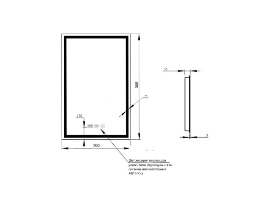 Дзеркало 700х800 настінне Mideya (MI1), прямокутне, з LED-підсвіткою Touch, антизапотіванням, димером Qtap
