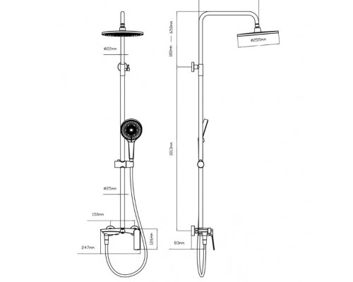 Душова система універсальна Slavonice на три споживача (з виливом) QTSLA111GMB45910 Gunmetal Black PVD Qtap
